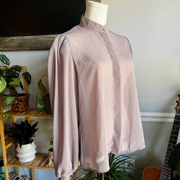 Vintage 70s Sheer Tan White Striped Regency Blouse Size Large - Picture 1 of 5